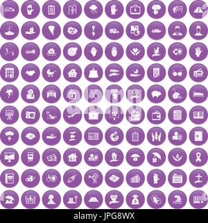 100 insurance icons set purple Stock Vector