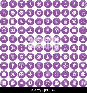 100 interface pictogram icons set purple Stock Vector