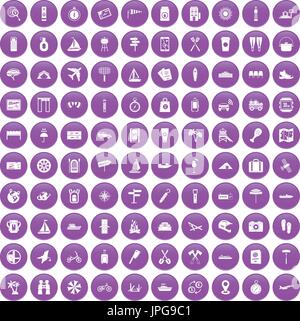 100 journey icons set purple Stock Vector
