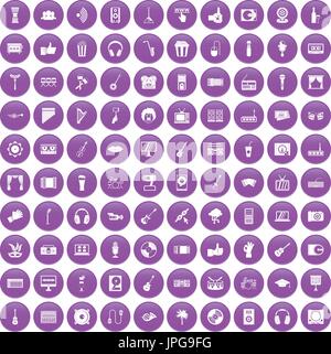 100 karaoke icons set purple Stock Vector