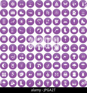 100 landscape icons set purple Stock Vector