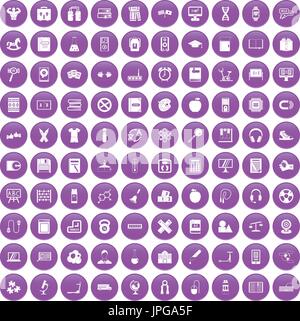 100 learning kids icons set purple Stock Vector