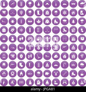 100 winter icons set purple Stock Vector