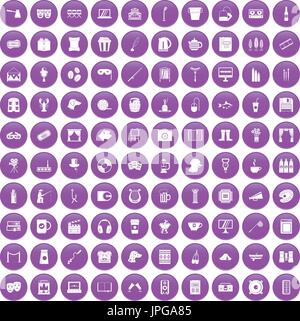 100 leisure icons set purple Stock Vector