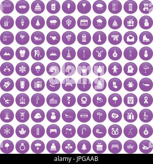 100 winter holidays icons set purple Stock Vector