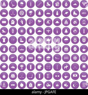 100 winter sport icons set purple Stock Vector