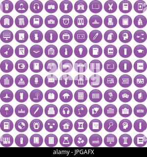 100 library icons set purple Stock Vector