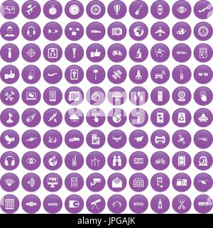 100 wireless technology icons set purple Stock Vector