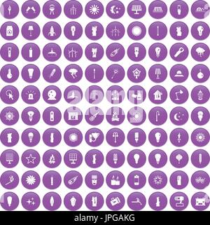 100 light source icons set purple Stock Vector
