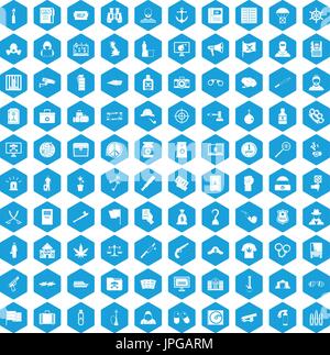 100 crime investigation icons set blue Stock Vector
