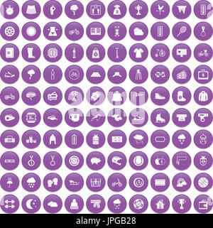 100 woman sport icons set purple Stock Vector