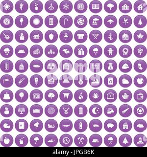 100 lumberjack icons set purple Stock Vector