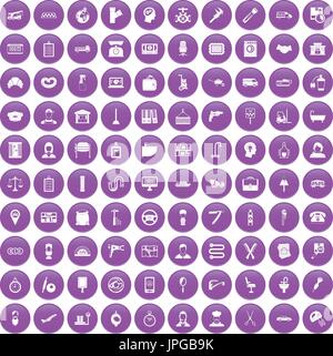 100 work icons set purple Stock Vector