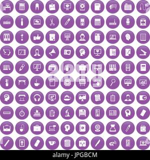 100 work space icons set purple Stock Vector