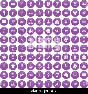 100 medal icons set purple Stock Vector