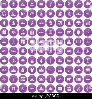 100 world icons set purple Stock Vector