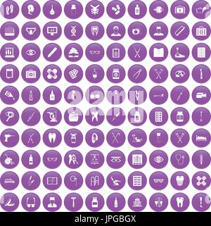 100 medical accessories icons set purple Stock Vector