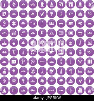 100 world tour icons set purple Stock Vector