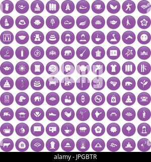 100 yoga icons set purple Stock Vector