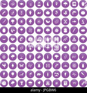 100 microbiology icons set purple Stock Vector
