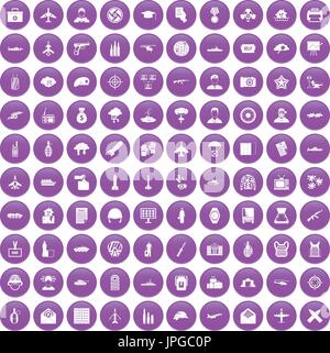 100 military journalist icons set purple Stock Vector