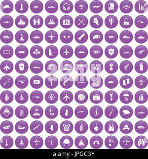 100 military resources icons set purple Stock Vector