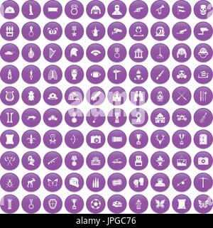 100 museum icons set purple Stock Vector