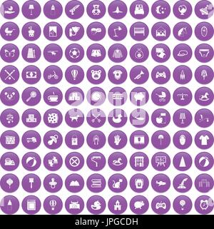 100 nursery icons set purple Stock Vector