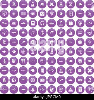 100 oceanologist icons set purple Stock Vector