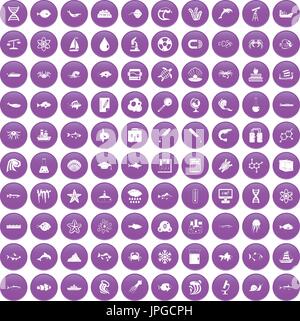 100 oceanology icons set purple Stock Vector