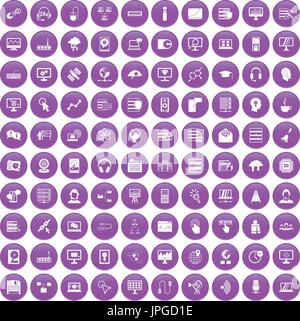 100 on-line seminar icons set purple Stock Vector