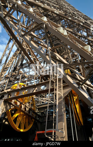 Close up of details of the Eiffel Tower and the mechanics of the lift, Paris, France. Stock Photo