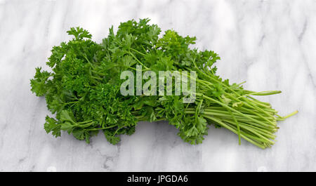 A bunch of curly parsley on a gray marble cutting board. Stock Photo