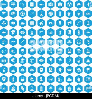 100 disaster icons set blue Stock Vector