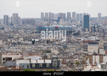 South-east Paris from Montmartre, near Sacre-Coeur. The Centre Pompidou in the middle with high-rise of 13th arrondissement in the background. Stock Photo