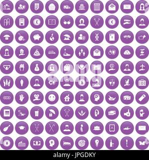 100 philanthropy icons set purple Stock Vector