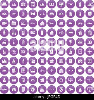100 property icons set purple Stock Vector