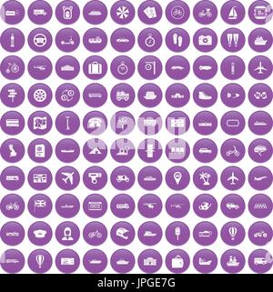 100 public transport icons set purple Stock Vector
