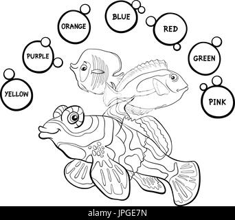 Black and White Cartoon Illustration of Primary Basic Colors Educational Activity for Children with Fish Animal Characters Coloring Page Stock Vector