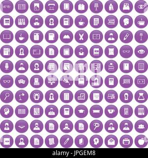 100 reader icons set purple Stock Vector