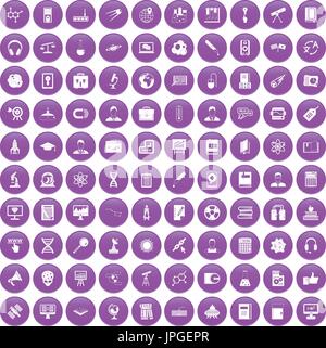 100 researcher science icons set purple Stock Vector