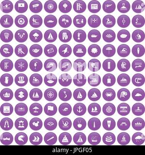100 sailing vessel icons set purple Stock Vector