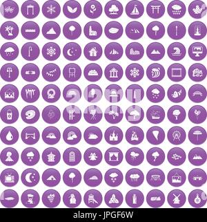 100 scenery icons set purple Stock Vector