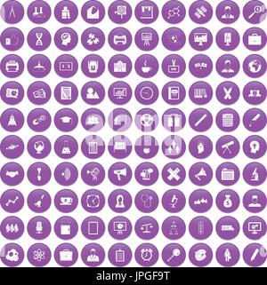 100 seminar icons set purple Stock Vector