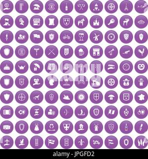 100 shield icons set purple Stock Vector