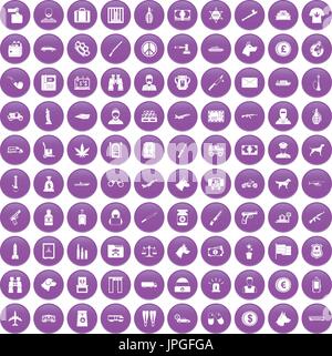 100 smuggling icons set purple Stock Vector