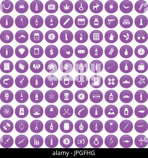 100 smuggling goods icons set purple Stock Vector