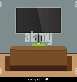 Man watches TV on sofa. Back view. Flat and solid color design Vector. Stock Vector