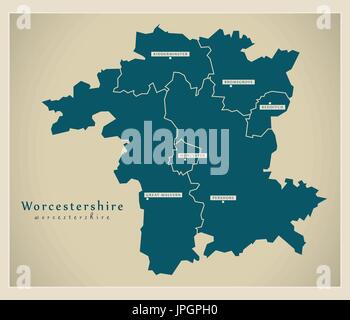 Modern Map - Worcestershire county with cities and districts England UK illustration Stock Vector