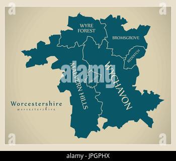 Modern Map - Worcestershire county with district captions England UK illustration Stock Vector